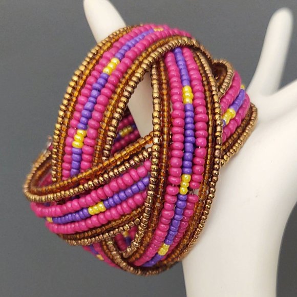 Purple, pink, yellow and metallic seed bead cuff - Picture 3 of 11